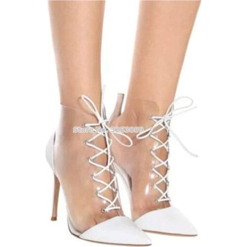 ALMUDENA Women White Pointed Toe Clear PVC Patchwork Ankle Boots Stiletto Heels Lace-up Mixed Color Short Booties Dress Shoes