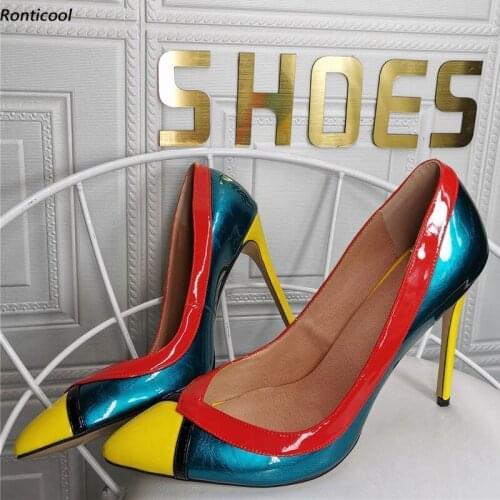 Ronticool Handmade Customization Color Women Spring Shiny Pumps Stiletto Heel Pointed Toe Gorgeous Party Shoes US Plus Size 5-15