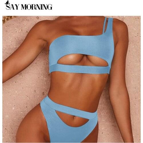 SAY MORNING Two-Piece Swimsuit Solid Color One Shoulder Hollow Sexy Womens Swimwear Split Bikini Set New 2021 Beach Wear Swim
