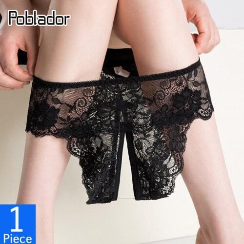 Poblador XL- 4XL Plus Size Underwear Women Sexy Open Crotch Panties Low Waist Lace Transparent Thongs For Sex Lingerie Nightwear