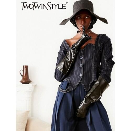 TWOTWINSTYLE Vintage Striped Coats For Women Square Collar Puff Long Sleeve Tunic Short Jackets Female Fashion 2020 Clothing New