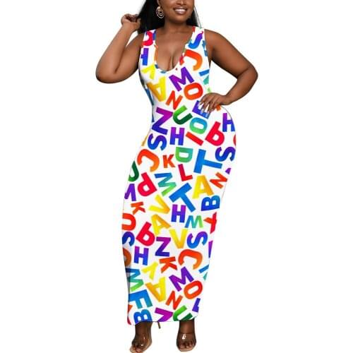 Colorful Letter Printed Sheath Long Maxi Dresses For Womens Outfits Summer 2021 Hot Recommend Style Holiday Elegant Lady Robe