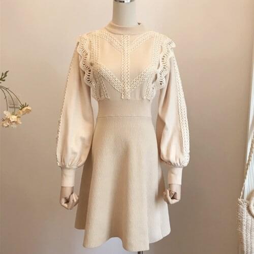2020 Autumn Winter Sweater Dress Korean Casual Mini Knitted Dress Women A-line Long Sleeve Lace Vestidos Elegant Knitwear Robe