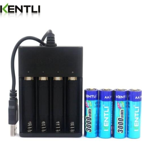 4pcs KENTLI AA 1.5v 2800mWh Li-polymer li-ion polymer lithium rechargeable battery + 4 slots Ports USB smart Charger