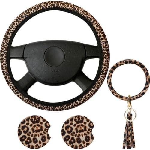 4Pcs Vehicle Decoration Leopard Printed Diameter Car Steering Wheel Cover Protector Sleeve Car Coasters Keychain