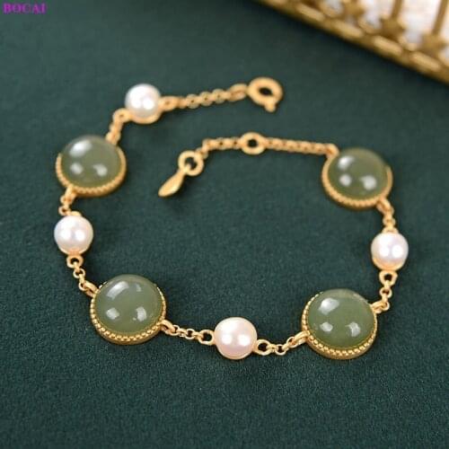 BOCAI 100% S925 Sterling silver Bracelet Hetian jade Fashion Thai silver pearl hand chain Pure Argentum Womens Gemstone bangle
