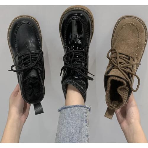 Winter Boots Women Split Leather Boots 2020 Platform British Wind Thick Short Ladies Boots Combat Motorcycle Black 043312