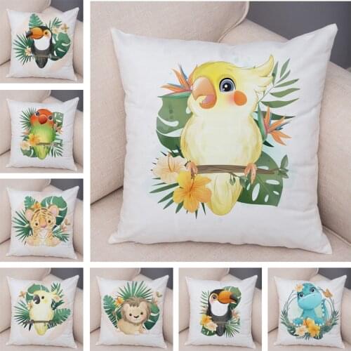 Cartoon Bird and Leaves Pillow Case Decor Cute Animal Lion Cushion Cover for Children Room Sofa Home Plush Pillowcase 45x45cm