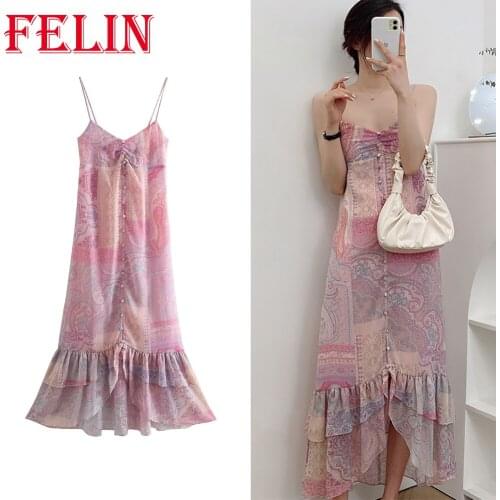 FELIN Women Pink Summer Sundress Za Fashion 2021 Sexy Mid Floral Printed Dress Sleeveless High Street Party Cami Dresses