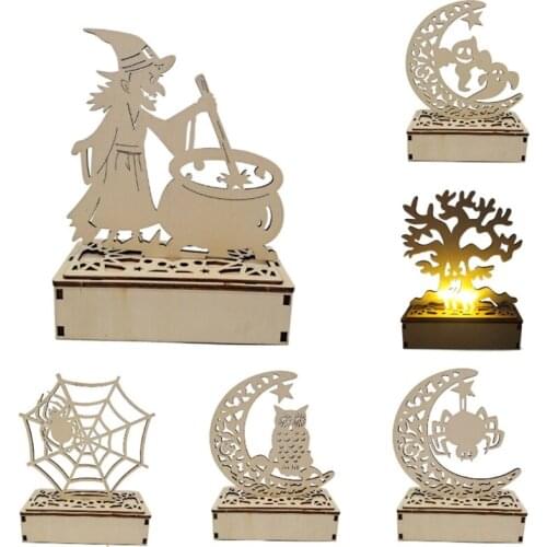 Halloween Hollow Out 3D Wooden LED Light Witch Ghost Decorative Desk Night Lamp L69B