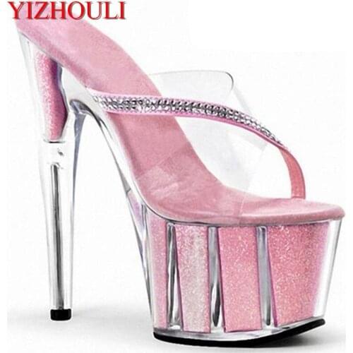 Crystal bottom cold slippers, water diamond decorative transparent womens shoes, 15cm high heels, pink performance Dance Shoes