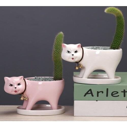 Walking Cat Ceramic Flower Pot Animal Face Head Cactus Plant Pots Succulent Plant Container Tabletop Ornaments Decoration