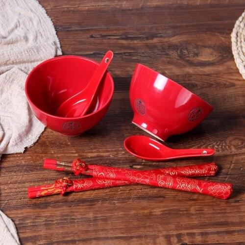 Red Double Happiness Ceramic Wedding Dinnerware Chinese Gift Bowl Chopsticks Spoon Tray Dinnerware Ceramic Tableware Set