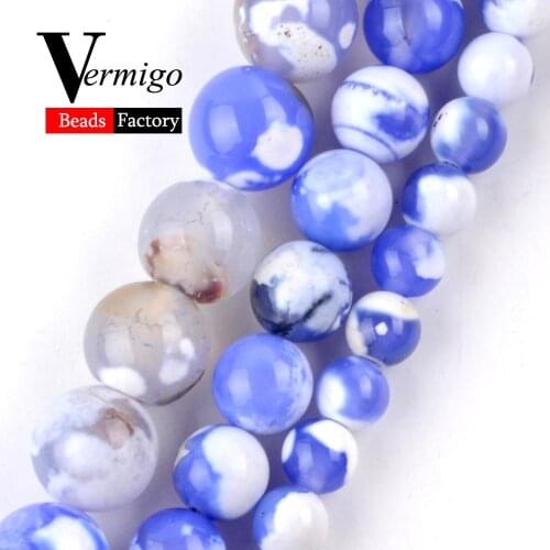 Natural Blue White Fire Agates Stone Round Beads For Jewelry Making DIY Necklace Bracelet Jewellery 6-10mm Spacer Loose Beads