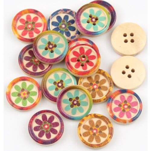 50pcs 20mm Mixed Flower Pattern Round Wooden Buttons For Crafts Clothes Decoration Scrapbooking Home DIY Sewing Accessories