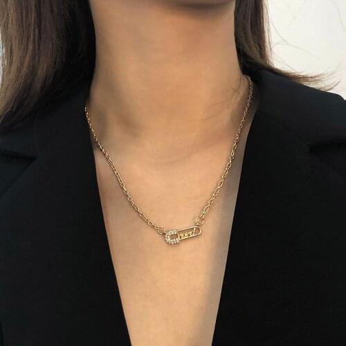 Lalynnly Vintage Safety Pin Rhinestone Pendant Necklace Crystal Choker Necklace for Women Link Chain Charms Jewelry Gift N7867