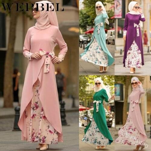 Mandylandy Flower Bow Abaya Islamic Muslim Women Dress O Neck Full Sleeve Casual Fashion Summer Floral Lady Elegant Maxi Dresses