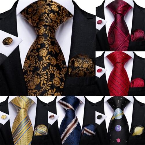Fashion Men Tie Gold Black Floral Silk Wedding Tie For Men Hanky Cufflinks Gift Tie Set DiBanGu Novelty Design Business Party