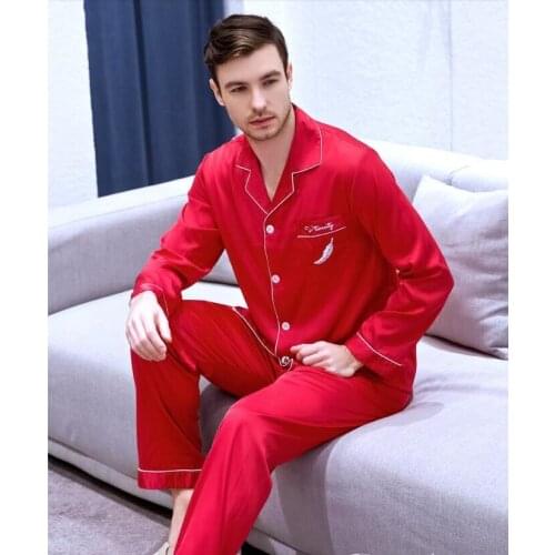 Mens Sleepwear Embroidered Ice Silk Satin Suit Homewear Long-sleeved Students New Style Plus Size Youth Leisure Nightwear J032