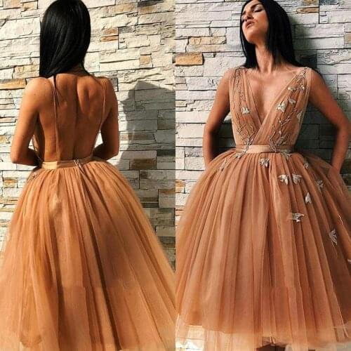 Newest A Line Gold Tulle Cocktail Dresses A Line V Neck Ruffles Short Prom Gowns Sexy Open Back