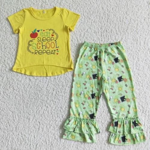 Wholesale/retail back to school outfits baby girls cute letter t shirt and pants 2 pcs set childrens clothing