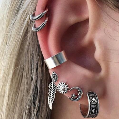 Punk Leaves Cartilage Earings Bohemian Women Antique Star Flower Ear Cuff Clip Stud Wrap Earring Set Fashion Jewelry Gift