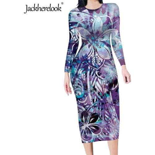 Jackherelook Elegant Women Bodycon Dress Polynesian Tribal Hibiscus Print Office Ladies Overknee Midi Pencil Dresses Vestidos