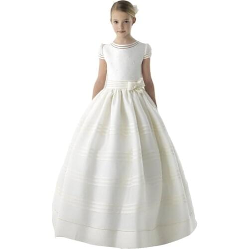 Flower Girl Dress 2020 First Communion Dresses For Girls Short Sleeve Belt With Flowers Customized Girl Dresses for Wedding