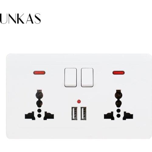 UNKAS Wall Power Socket 2 Gang Universal 3 Hole Switched Outlet With Neon 2.1A Dual USB Charger Port LED Indicator 146mm * 86mm