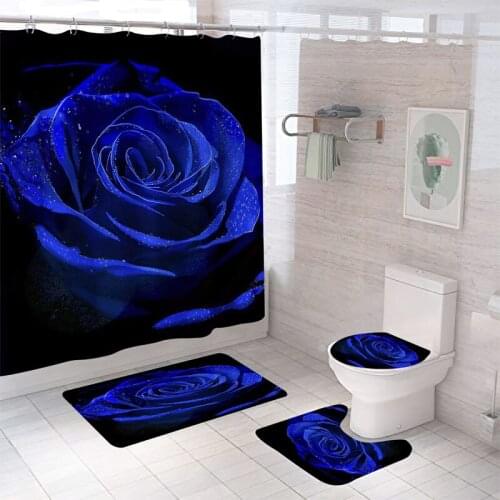 Waterproof Bathroom Shower Curtain Flower Toilet Cover Non-Slip Bath Mat Rug Carpet Set Polyester Fabric Washable Home Decor