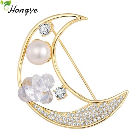 Hongye High Quality Moon Shape Pearl Brooches Delicate Zircon Handmade Pins For Woman Girl Parting Weeding Jewelry Gift