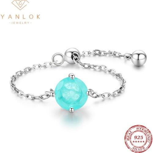 YANLOK Real 925 Sterling Silver Round Cut Paraiba Tourmaline Chain Adjustable Rings For Women Jewelry Anel Valentines Day Gift