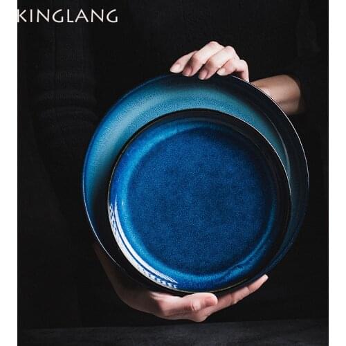 KINGLANG Japanese Kiln Glaze Deep Blue Dinner Plates 8inch 10inch Dishes Steak Platter