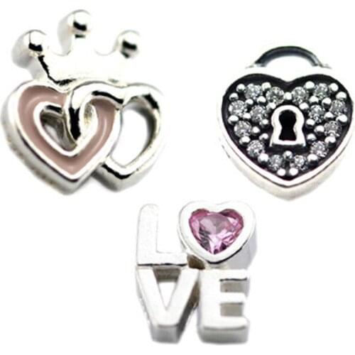 Padlock Love Script Crown Heart Petites Pack Charms Fits Floating Locket Necklace 925 Sterling Silver Jewelry DIY Making Kralen