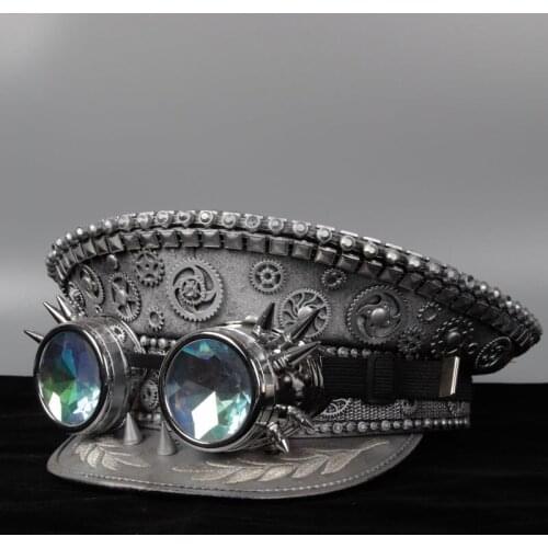 Women Men Military Hat With Steampunk Glasses Silver Stud Police Sergeant Hat Performance Captain Hat FestivalPart Hat