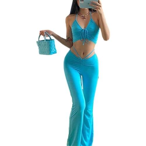 Women Solid Color Clothes Sleeveless Drawstring Halter Cropped Tops+High Waist Flared Trousers 2 Pieces Set