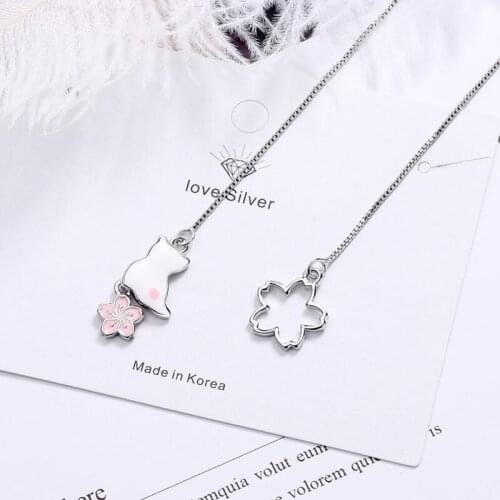 KOFSAC Cute Asymmetry 925 Sterling Silver Earrings Girl Jewelry Pink Cherry Blossoms Cat Long Earring Women Anniversary Gifts