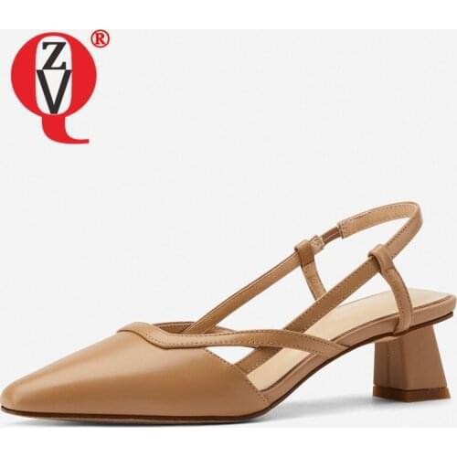 ZVQ Woman Fashion summer New Style Leisure Sandals Solid color Genuine Leather Pumps Heels Concise Comfortable small Square Toe