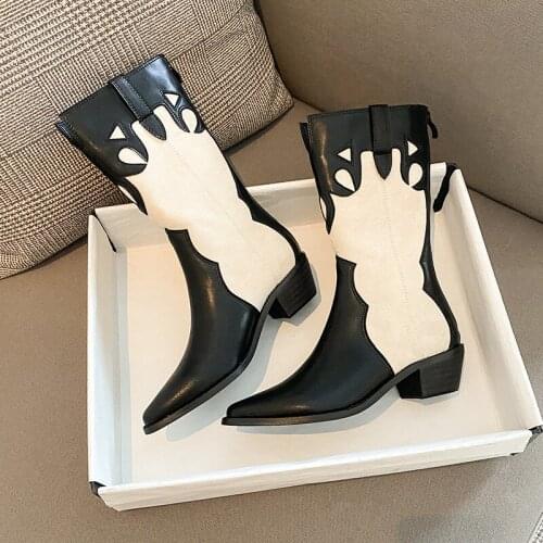 2021 New Mid-Calf Boots Women Low-Heels Pointed Toe Cowboy Boots Ladies Slip-On Platform Shoes Women Winter Botas de mujer