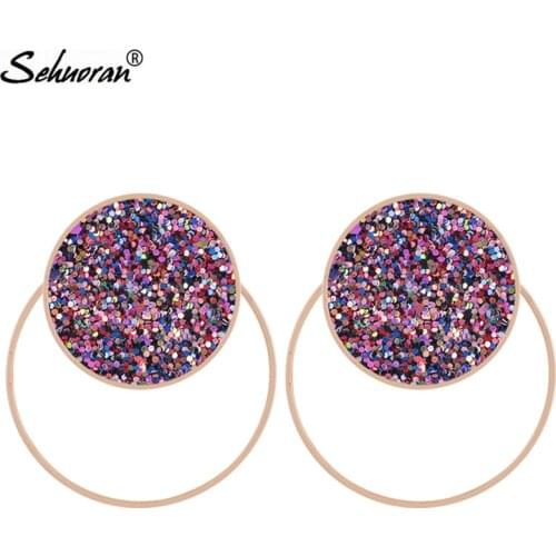 Sehuoran Stud Earrings For Women Large Oorbellen Flash Colorful Leather Big Pendientes Bohemian Luxury Statement Earings Long