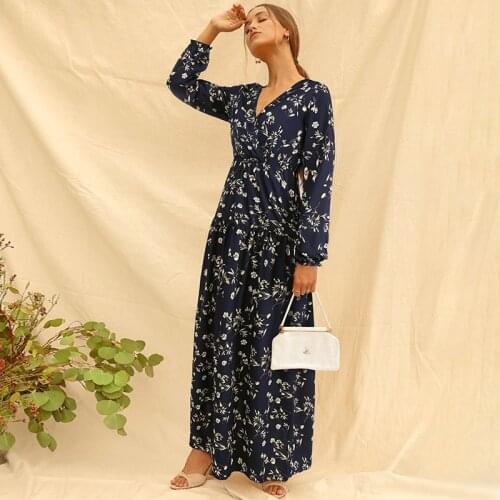 Women Big Hem Long Skirt Floral Printed Pattern V-neck Long Sleeve Navy/ Yellow