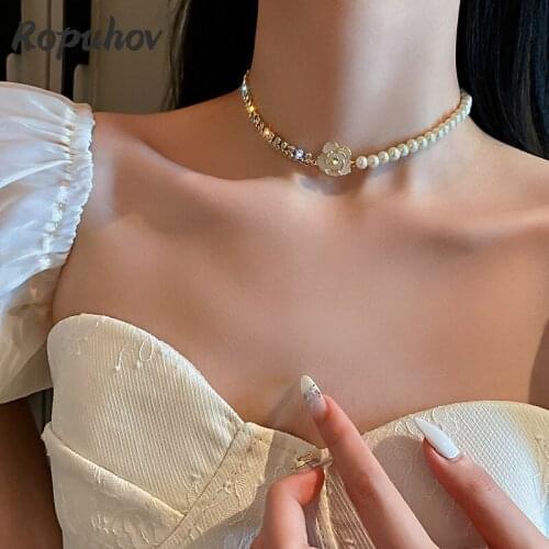 ROPUHOV 2021 New Korean Trendy Fashion Design Retro Pearl Diamond Flower Double Spell Necklace Clavicle Chain Sweet Female