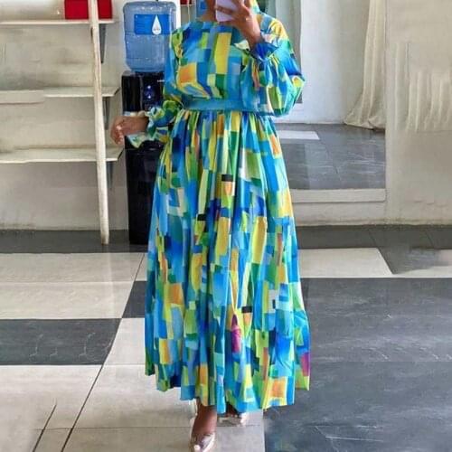Women Dress VONDA Casual O Neck Printed Long Maxi Dresses Vintage Pleated Long Flare Sleeve Robe With Belt Baggy Vestidos