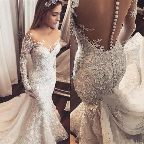 Vestido novia 2020 Sexy Mermaid Wedding Dress Long Sleeves White Ivory Lace Applique Wedding Gowns Open Back Bride Wedding Dress