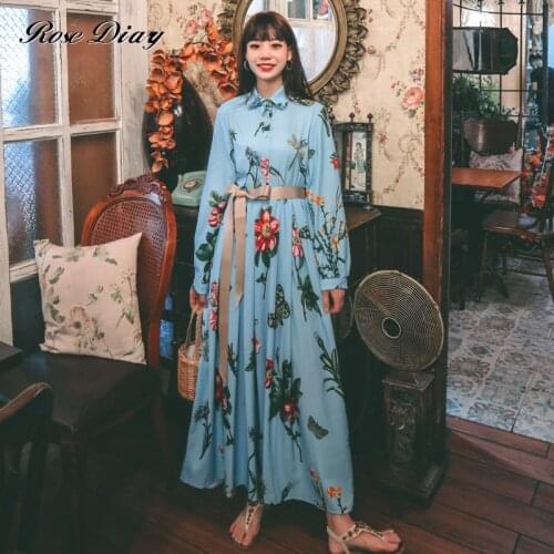 RoseDiary Vintage Floral Print Midi Long Dress Women Boho long Sleeve Bow Collar Flower Dress Female Casual Shirt Dresses