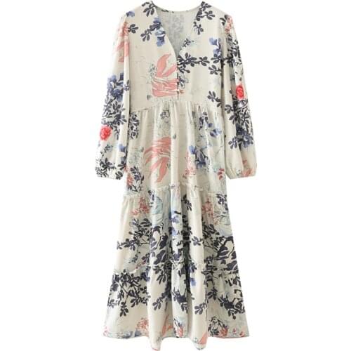 New Women Vintage Floral Printed Dress Elegant V-neck Long sleeves Vogue Chic Lady Woman Casual Midi Long Dresses