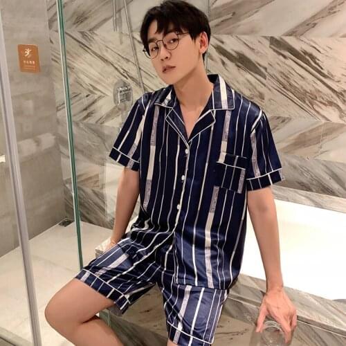 2021 Summer Short Sleeve Silk Satin Casual Striped Pajama Sets for Men Sleepwear Suit Male Lounge Pyjamas Homewear Home Clothes