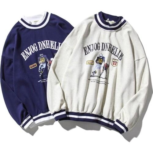 American High Street Retro Unisex Round Neck Sports Hoodies Sweatshirts Fashion Couple Cotton Tops Mens Loose Oversize Pullover