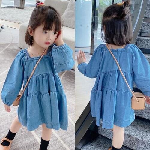 Baby Girls Denim Dress Autumn Kids Korean Solid Sweet Long Sleeve Dress Childrens Girl Fashion Square Collar Dress Kids Clothes