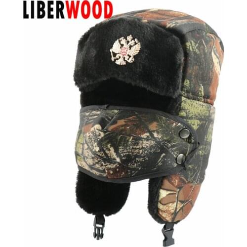 Double Headed Soviet Imperial Eagle Badge Russian winter warm cap hats jungle tree leaf CCCP Soviet Star earmuffs hat USSR hats